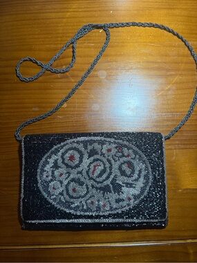 Vintage Regale Black Beaded Evening Bag w/ Red & Silver Beadwork, Satin Interior